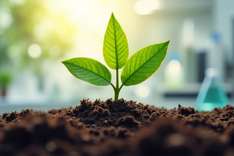 Ilustrație a începuturilor GlucoSanatated, cu o plantă în creștere dintr-un sol fertil și un fundal estompat de laborator sau cercetare.